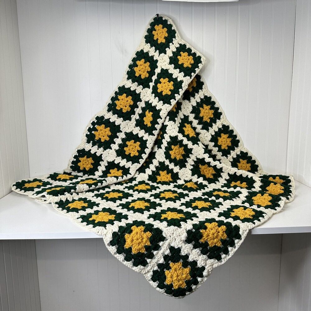 Vintage Granny Square Blanket Afghan Hand Crochet Green & Gold Roseanne 42 X 60